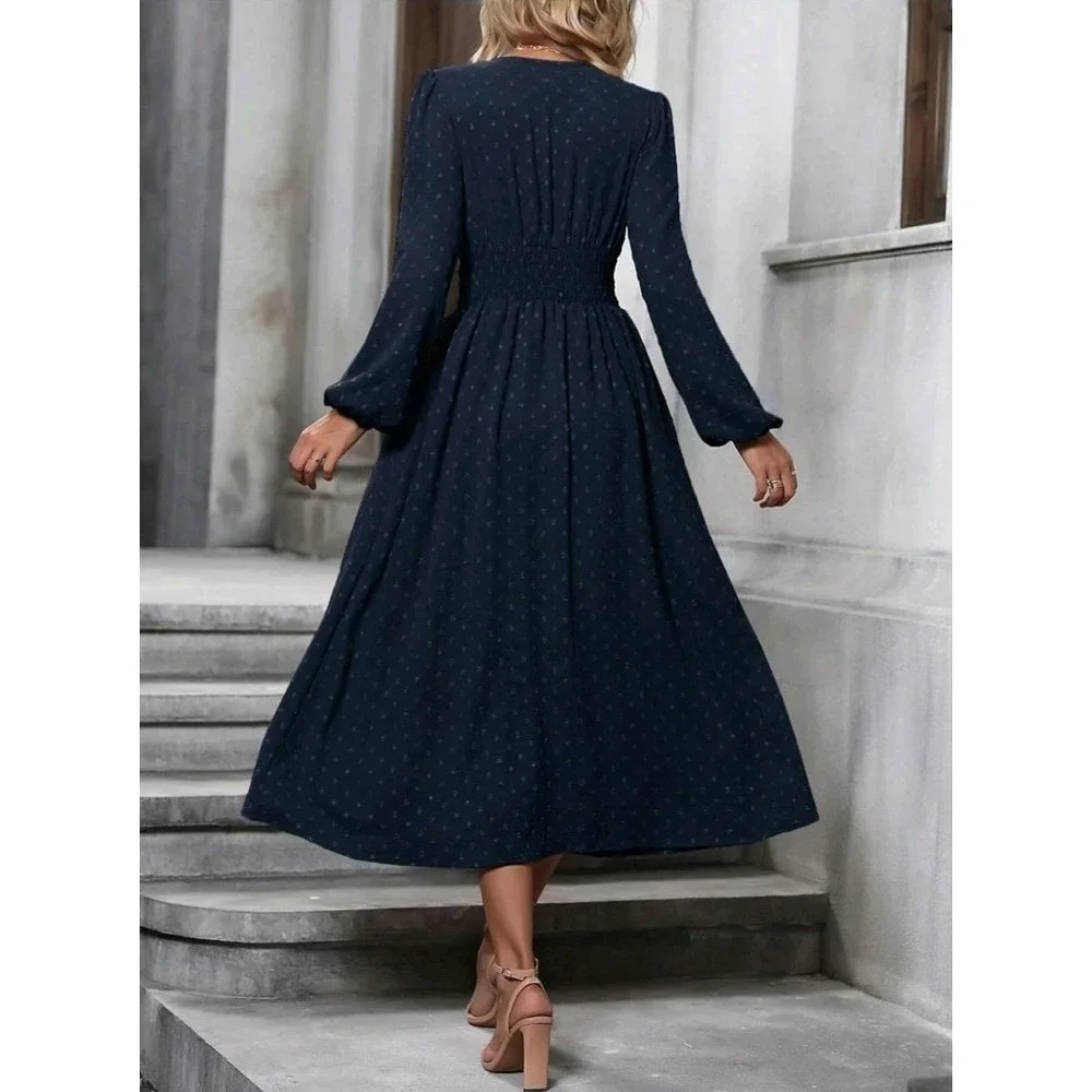 Xxl-Women's Spring Fall Midi Dress Casual Long Sleeve V Neck Swiss Dot Navy Blue - Picture 2 of 4